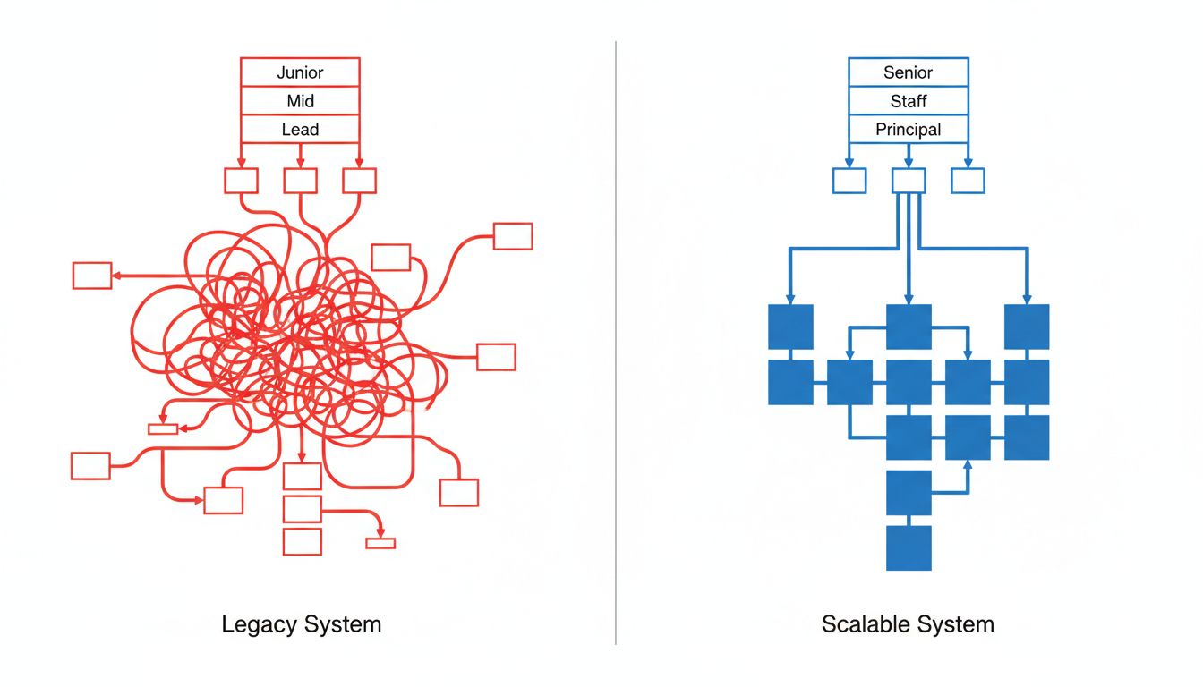 Split-screen comparison of a lean right-sized engineering team versus a senior-heavy team and the system architectures they produce