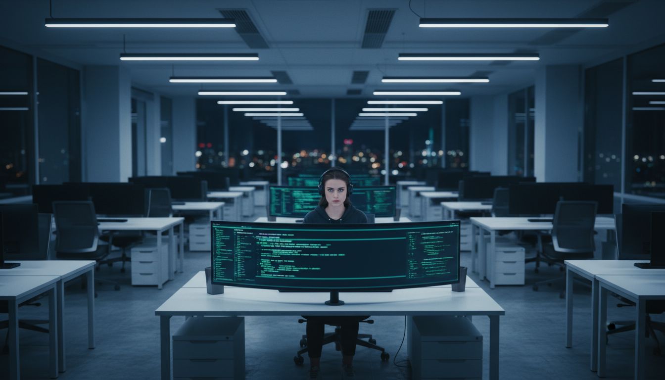 A lone senior engineer working at a large monitor in an otherwise empty modern tech office