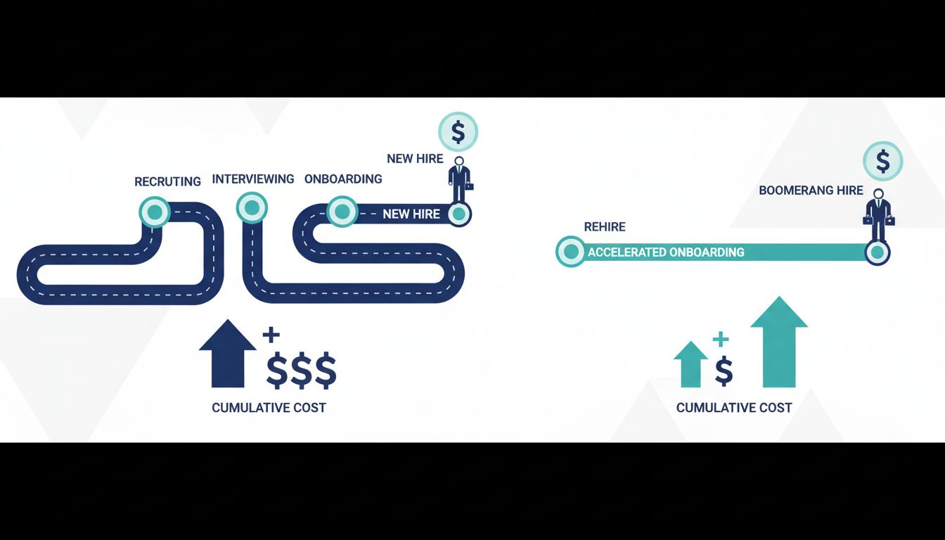 Infographic comparing the cost and timeline of hiring a new external candidate versus rehiring a boomerang employee