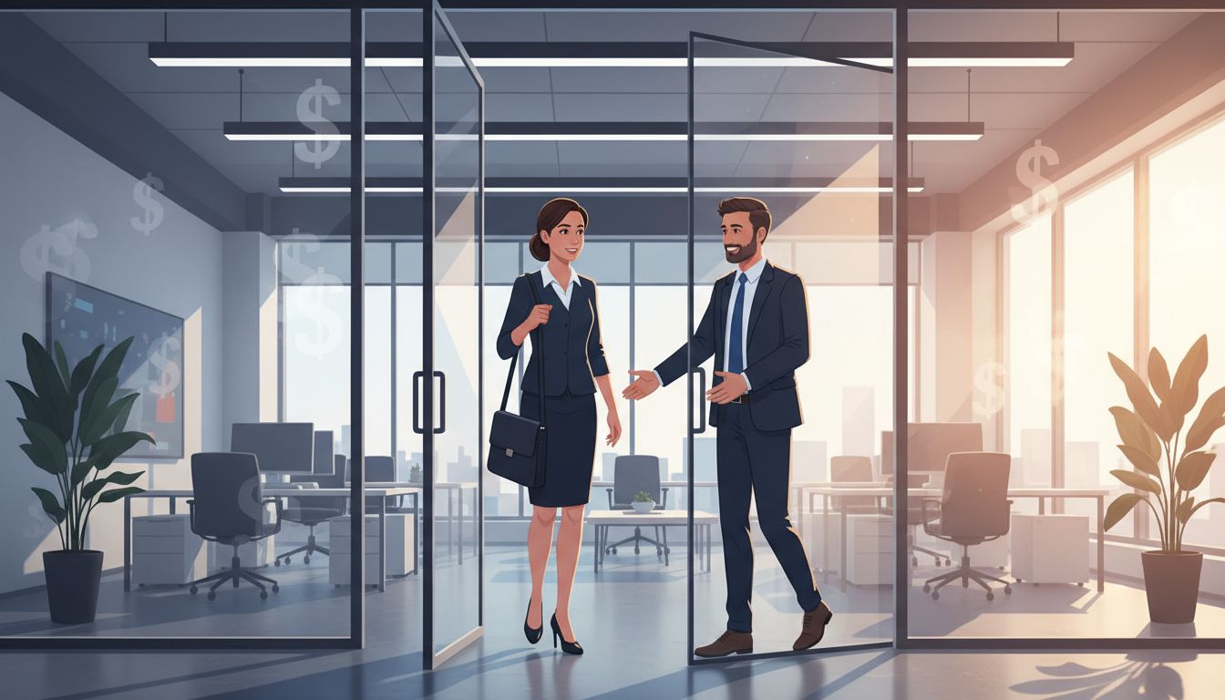 A professional returning to a tech company office, welcomed back by a manager