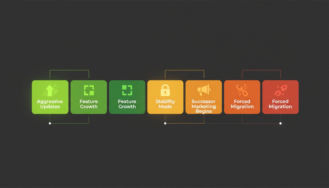 Infographic timeline showing the five-year software lifecycle from launch to forced migration