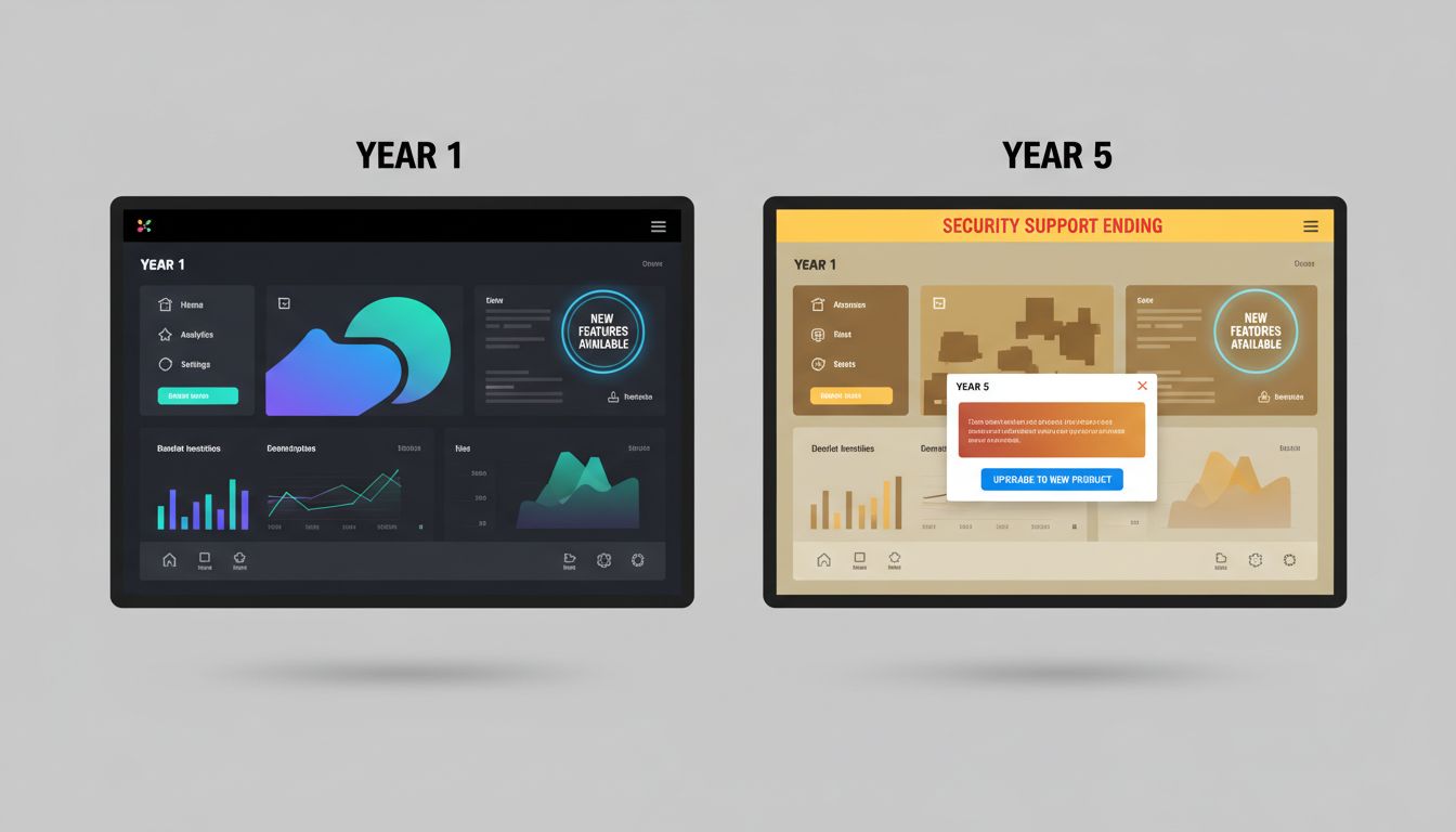 Split-screen comparison of software UI in Year 1 versus Year 5 showing deliberate feature decay