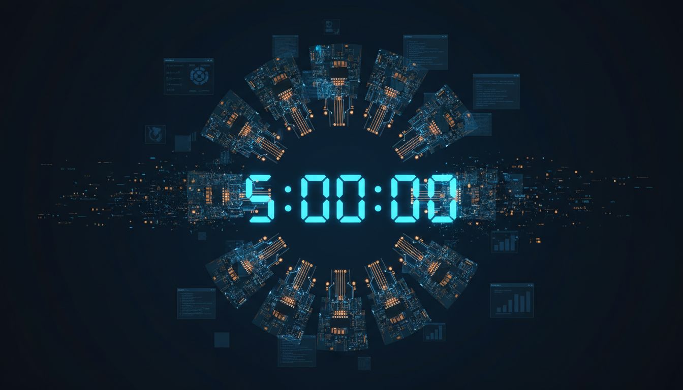 A glowing circuit board countdown timer representing the five-year software obsolescence cycle