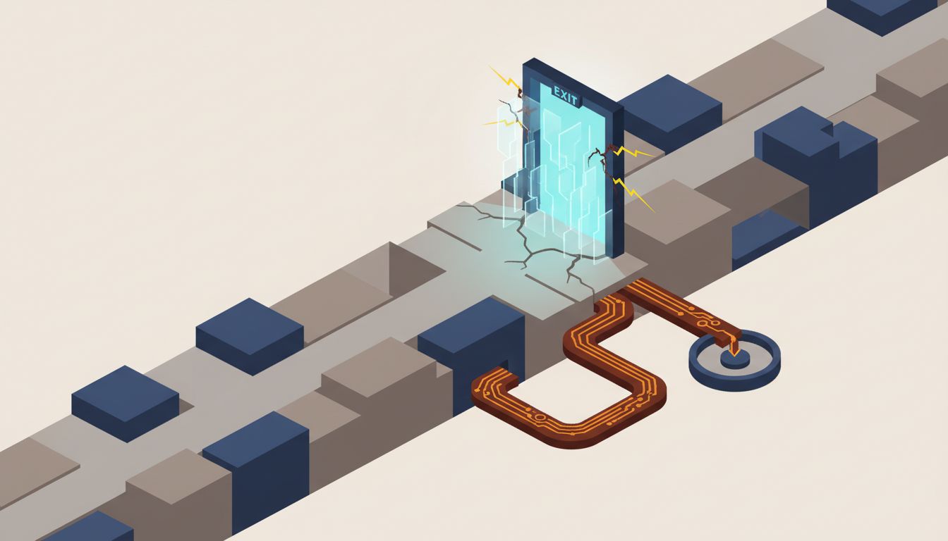 Isometric diagram of an exit door that appears usable but leads back to the same room, representing false exits in software design