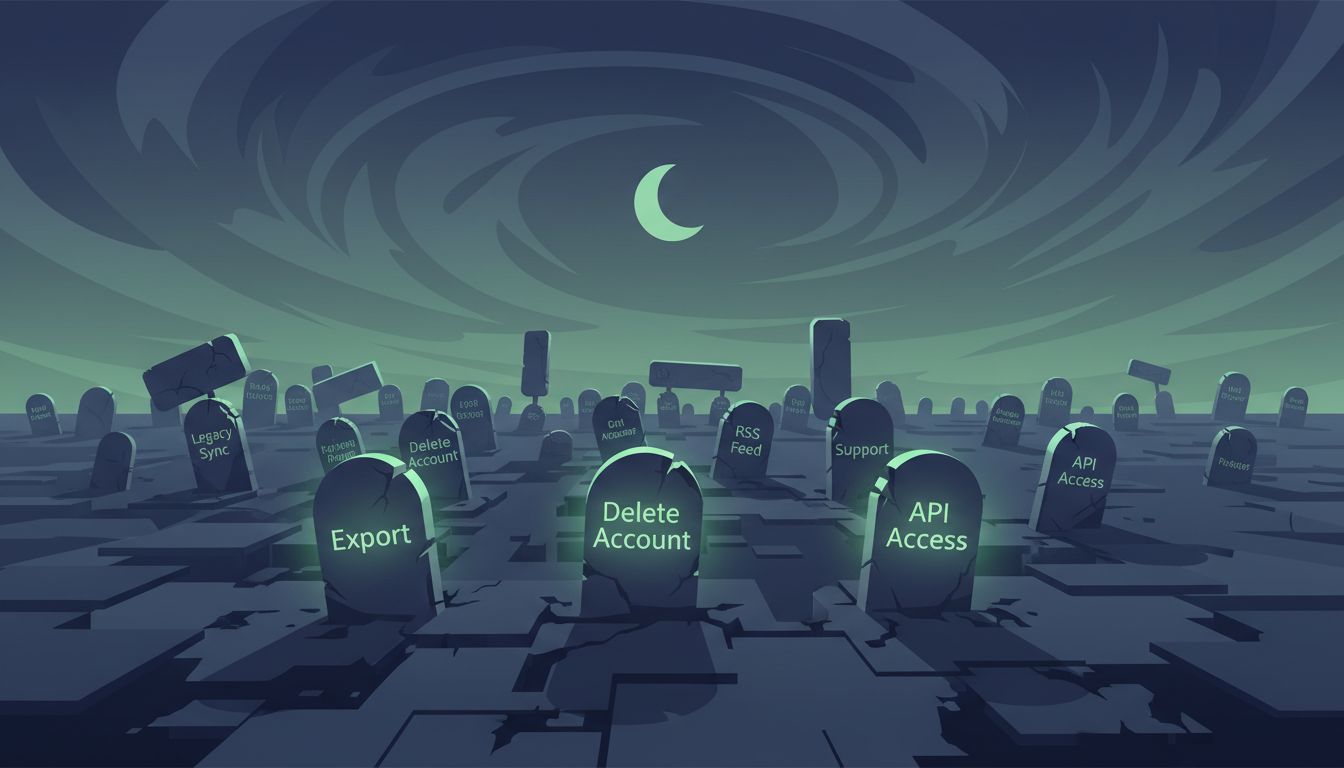 Illustration of software features as glowing tombstones in a graveyard, suggesting zombie-like undead state