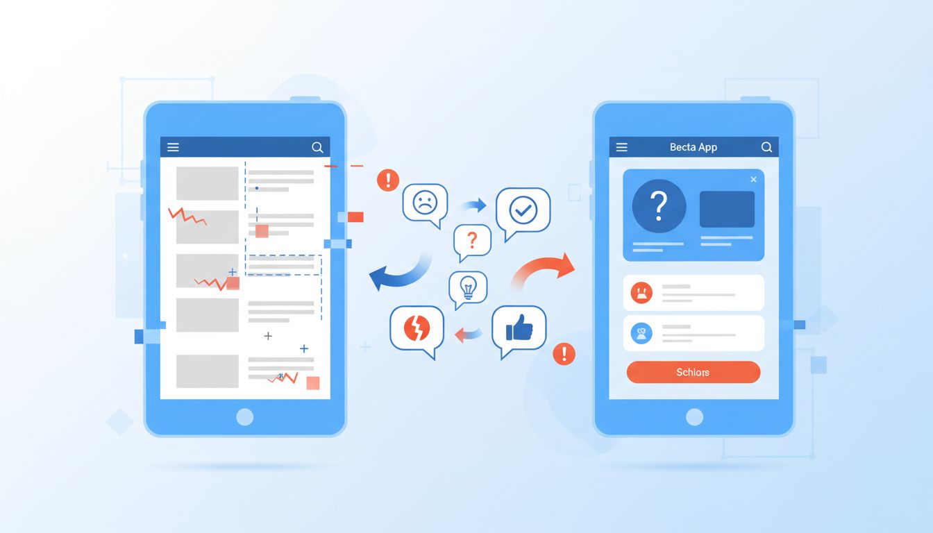 Split screen comparing rough beta interface with polished final product showing feedback loop