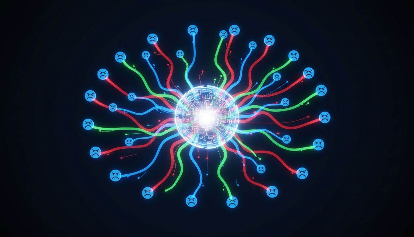 Abstract visualization of beta user feedback data flowing into a central product development system