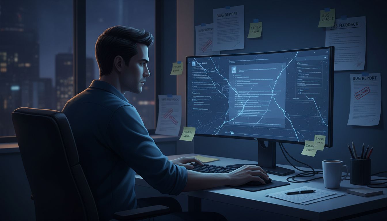 Developer reviewing intentionally broken beta product interface surrounded by user feedback notes