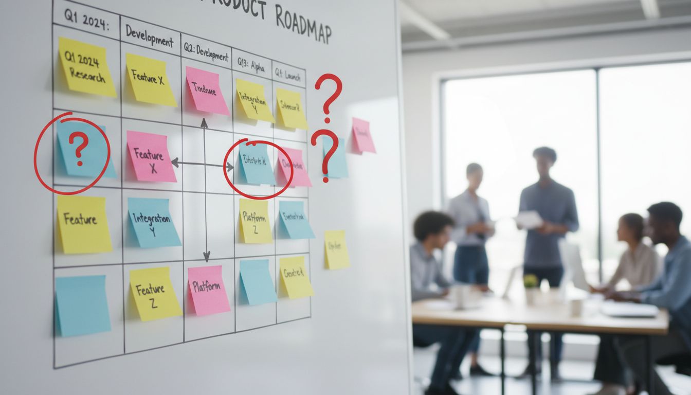 Whiteboard product roadmap with questionable features circled in red during a team planning session