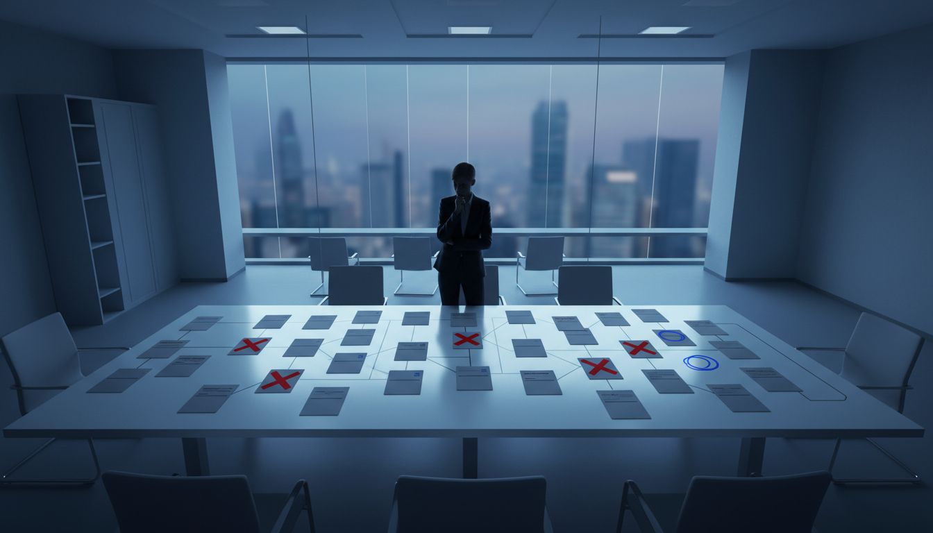 Product roadmap on a conference table with some features marked as failures while a product manager reviews the plan