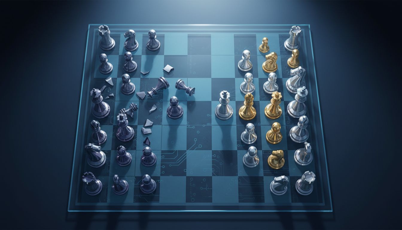 Split image of a tech product launch event and a symbolic graveyard of discontinued products