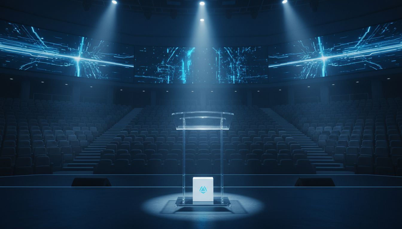 An empty tech product launch stage with a spotlit product box and no audience, symbolizing intentional failure as strategy