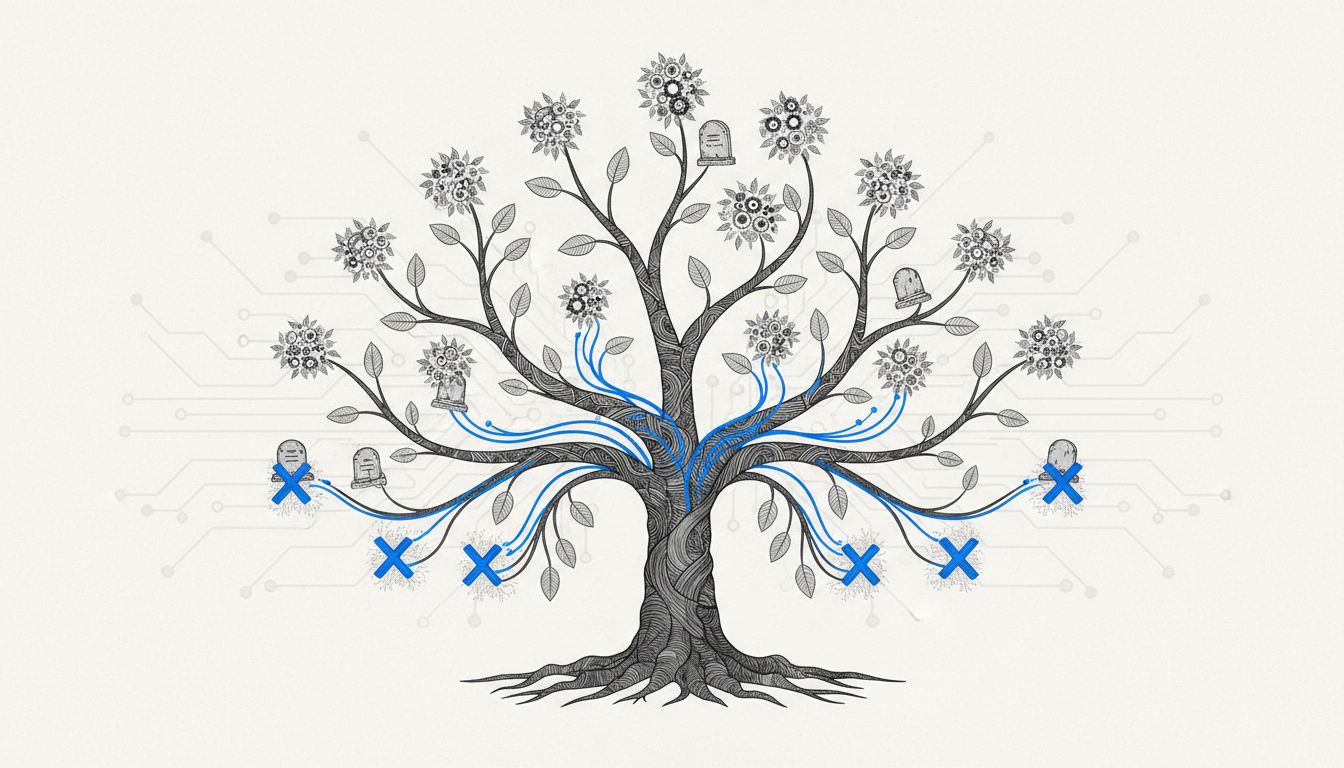 Flowchart diagram showing failed product paths feeding data back into a successful core product