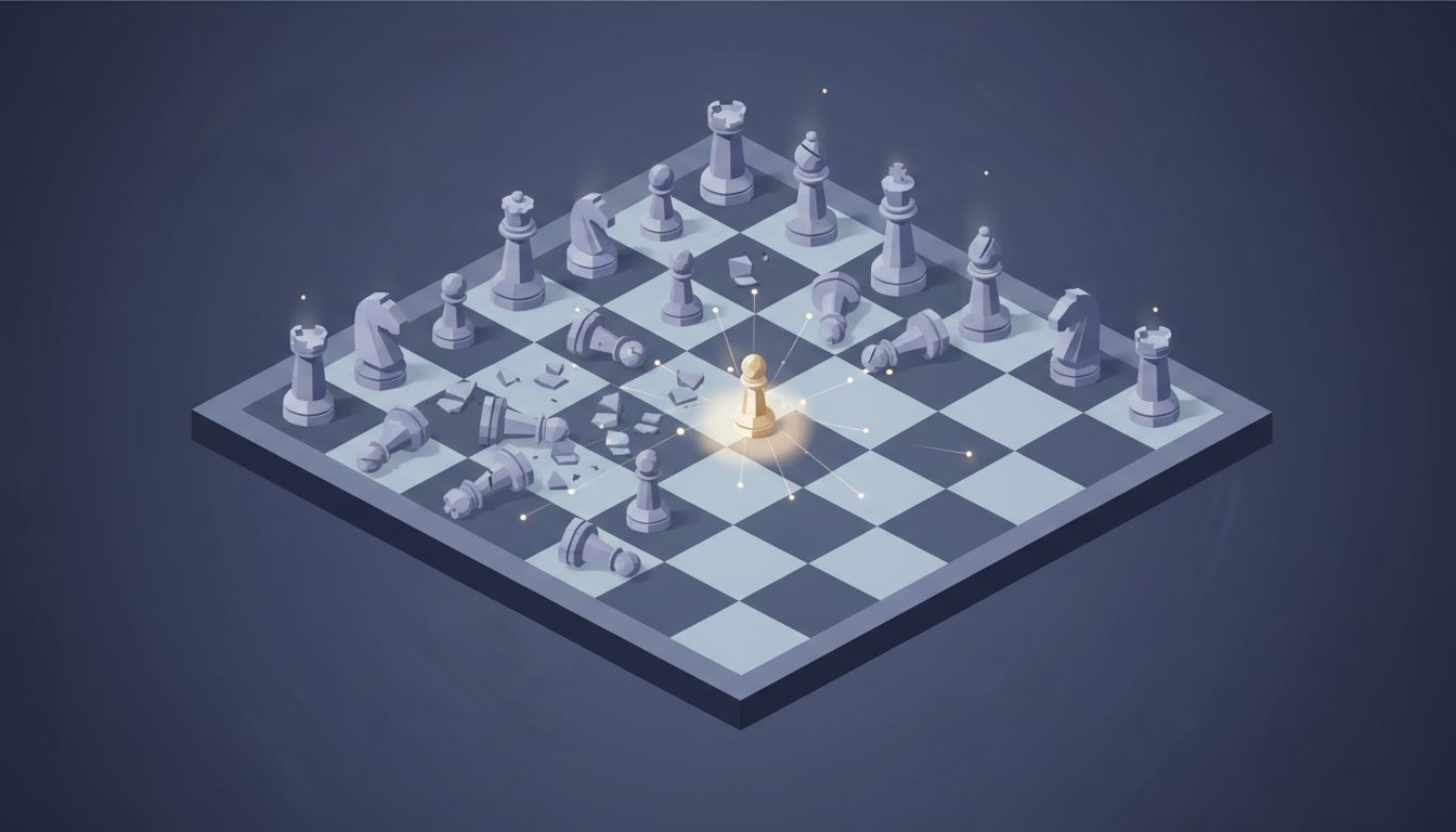 Chess board with sacrificed pieces arranged in a pattern suggesting deliberate strategy rather than defeat