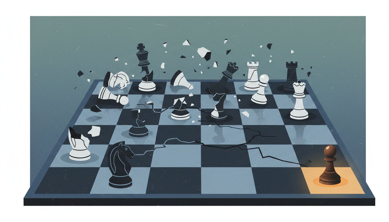 Chess pieces deliberately knocked over with one piece remaining upright, suggesting strategic sacrifice