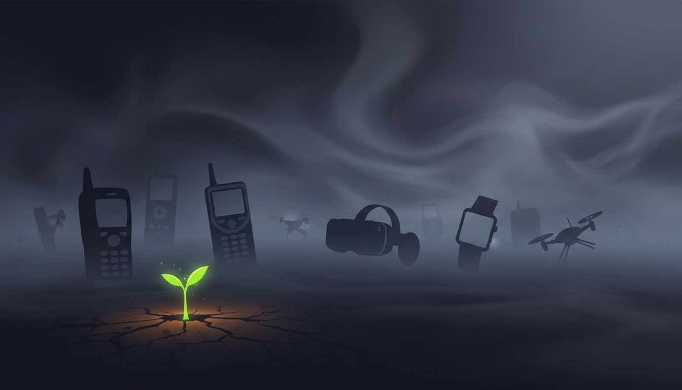 Silhouettes of discontinued tech products arranged like tombstones with a seedling growing in front