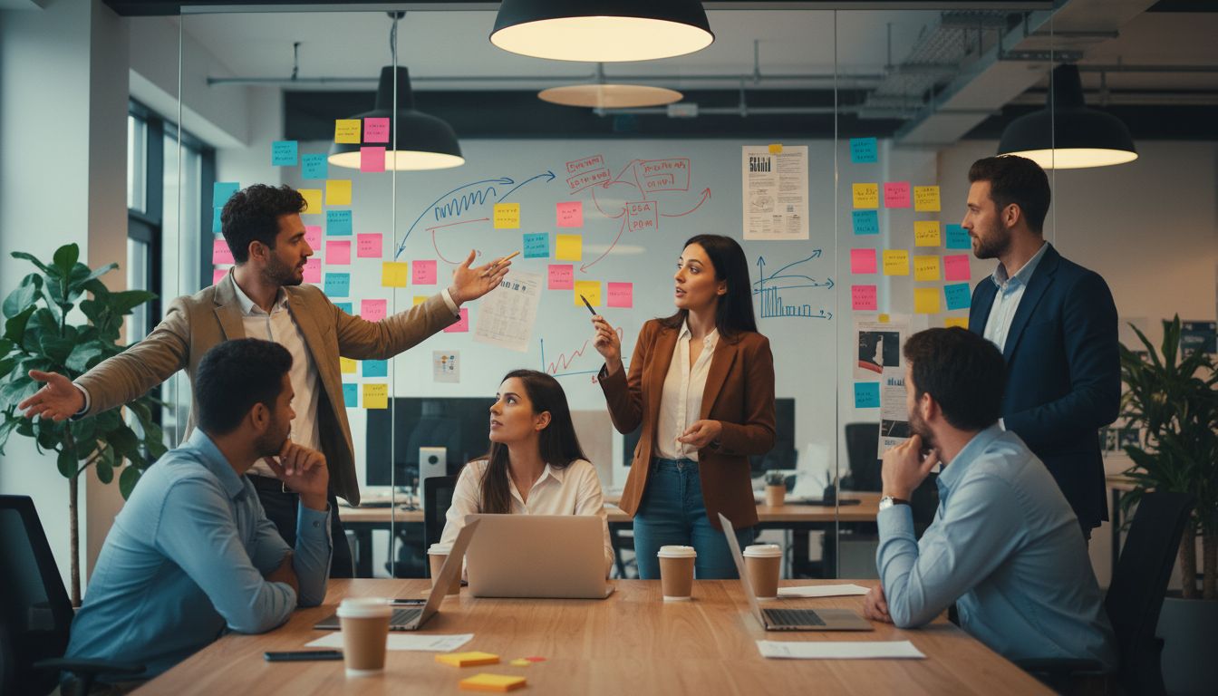 A startup team conducting a product retrospective meeting around a whiteboard covered in sticky notes