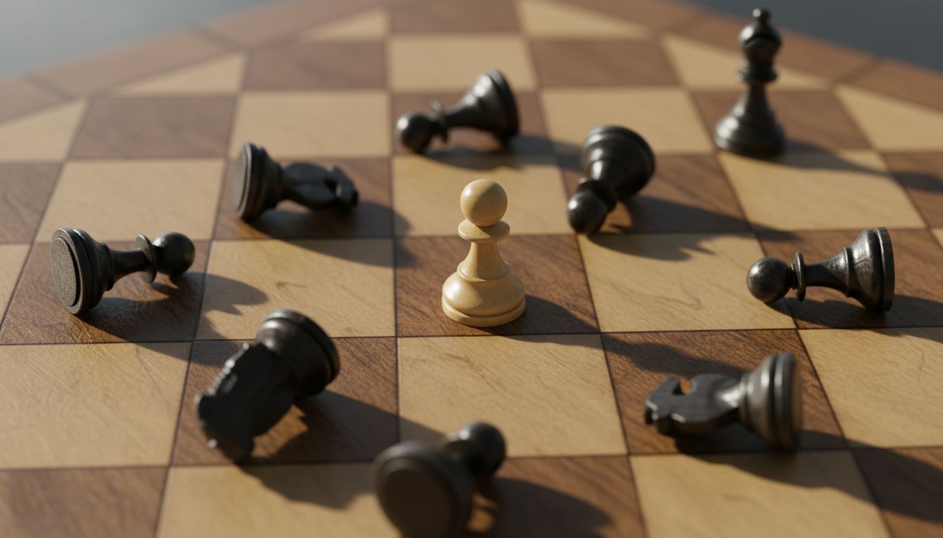 A chess board viewed from above showing a single pawn positioned strategically among scattered opponent pieces