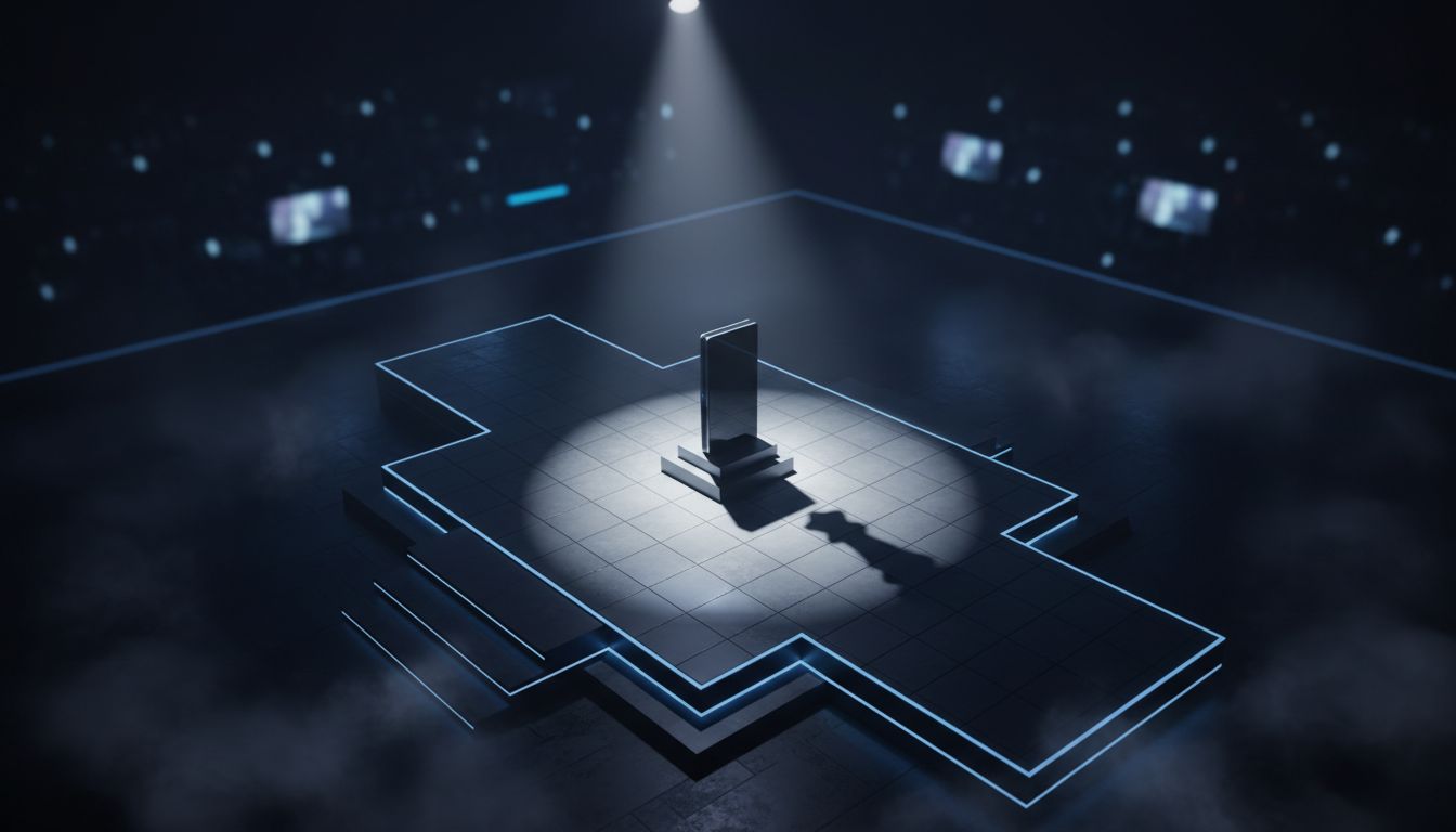 A tech product on a stage with dramatic lighting, casting a shadow shaped like a chess piece