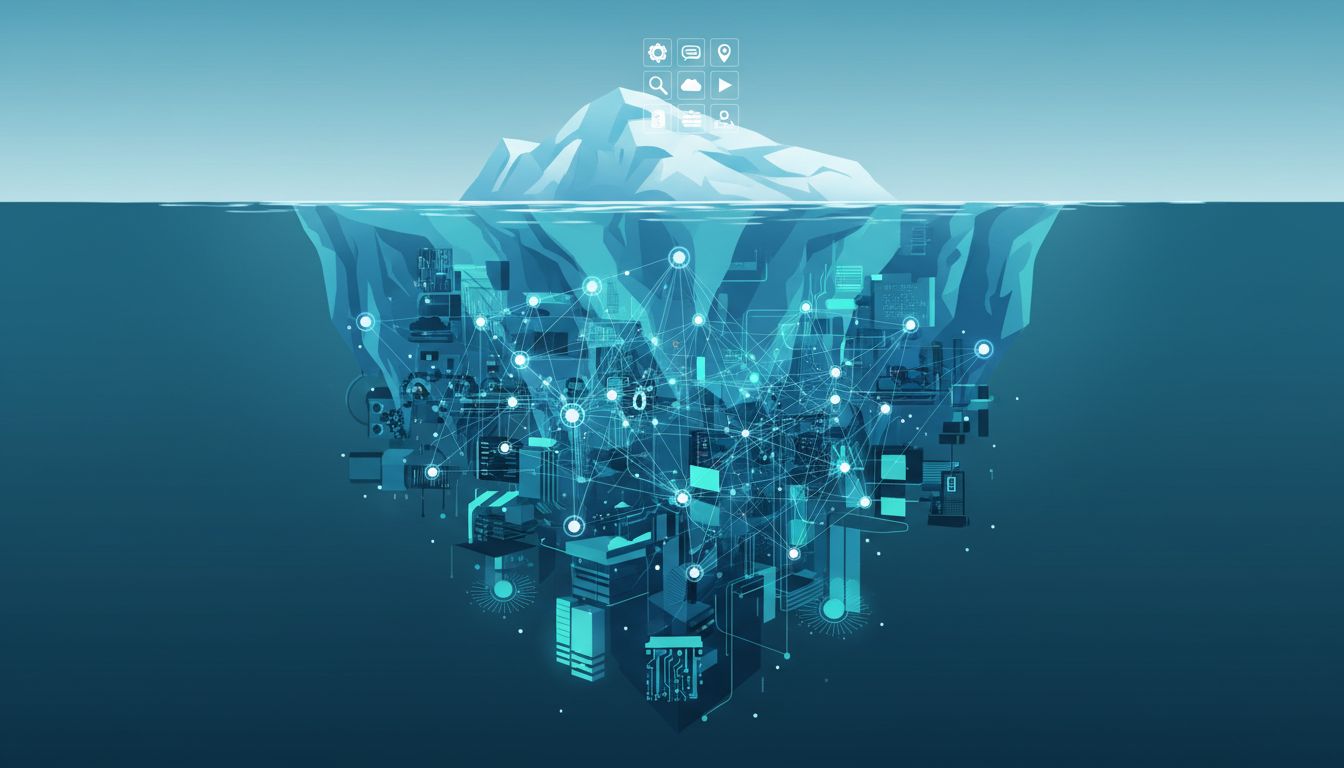 Iceberg diagram showing visible product features above water and massive invisible data infrastructure below