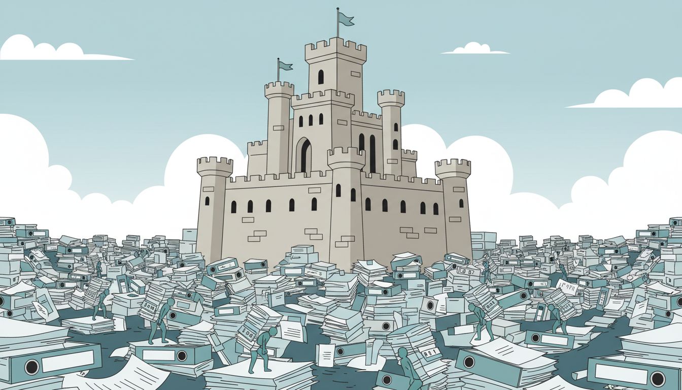 Illustration of a fortified castle surrounded by a moat made of regulatory documents, with small figures unable to cross