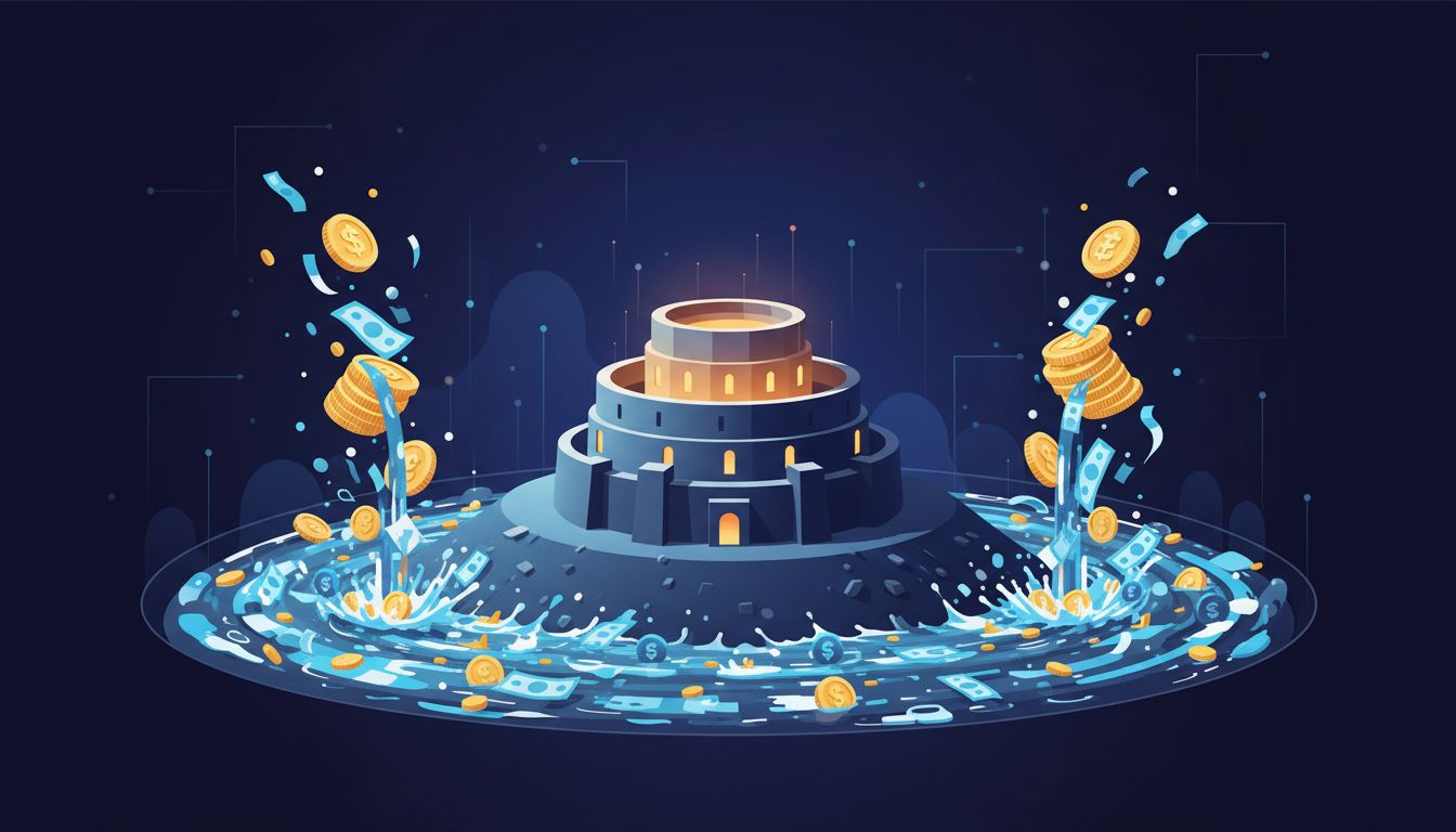 Abstract illustration of a financial moat being built around a fortress using capital