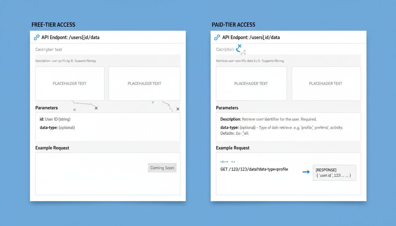 Side-by-side comparison of sparse free-tier API documentation versus complete paid-tier documentation for the same endpoint
