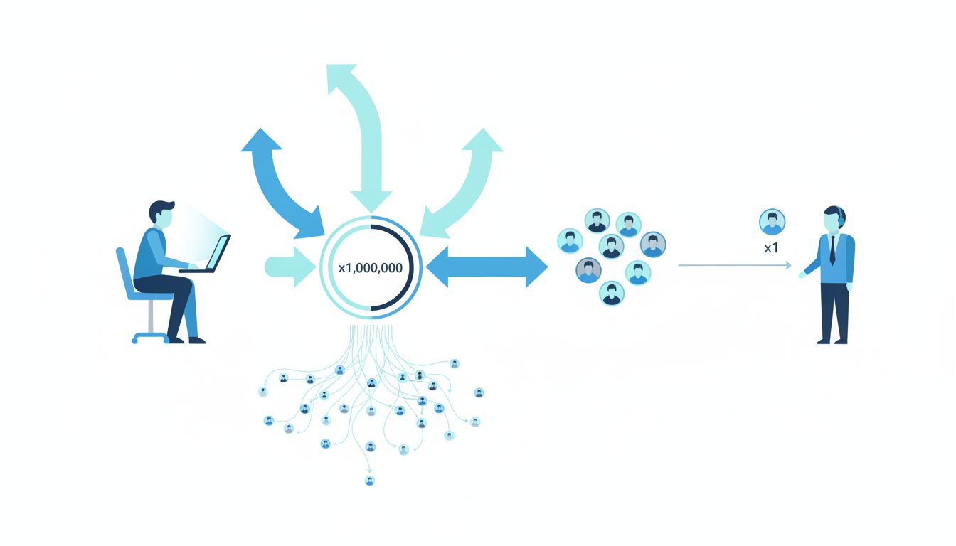 Infographic showing the leverage ratio of one engineer serving millions of users versus one support agent serving one customer at a time