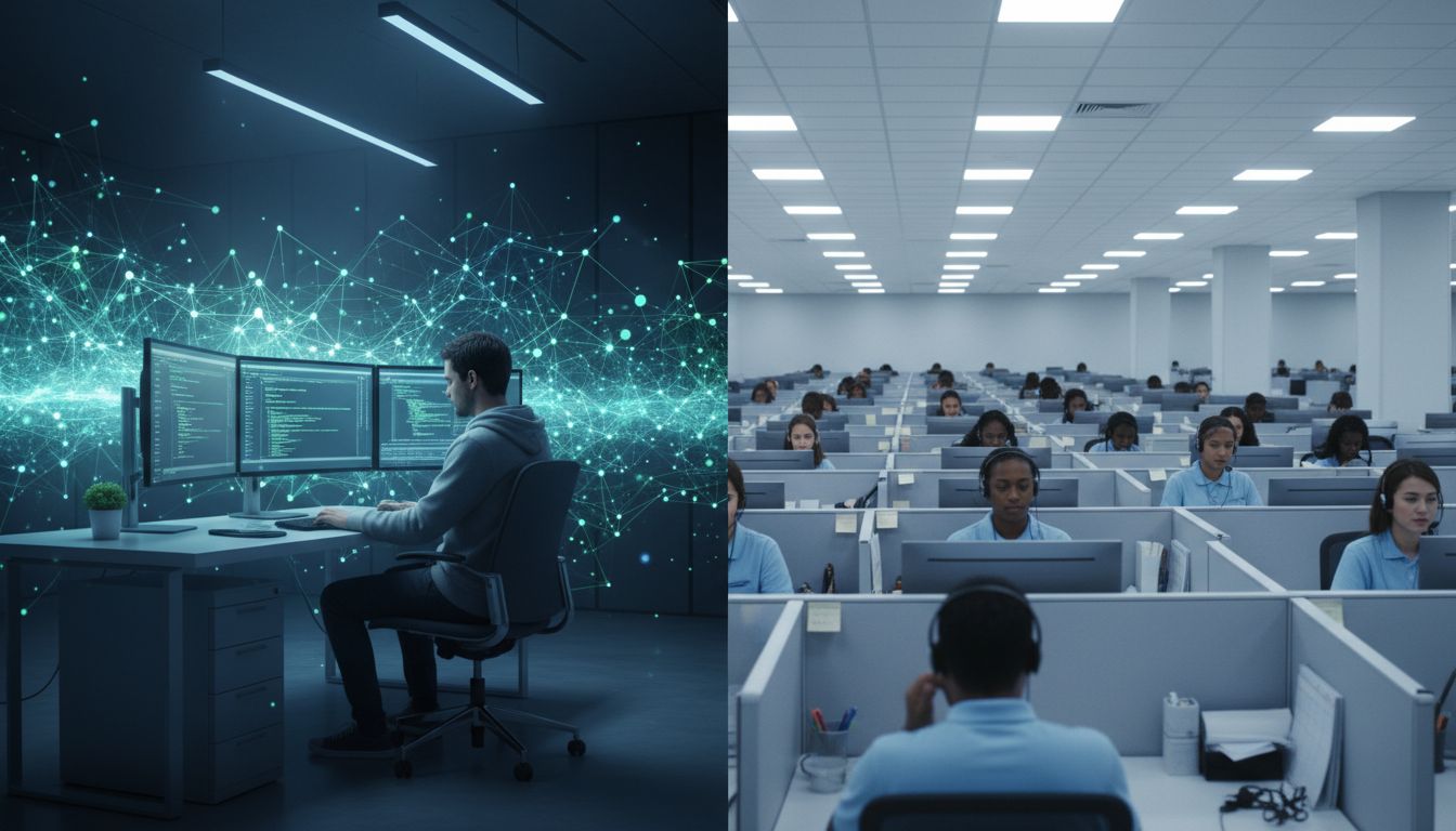 Split image of a highly paid software engineer surrounded by scaling code versus a rows of outsourced customer support agents in a call center