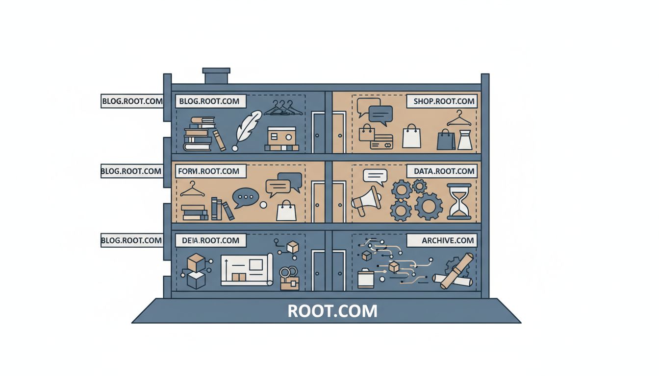 Architectural cross-section illustration showing subdomain tenants inside a root domain building they do not own