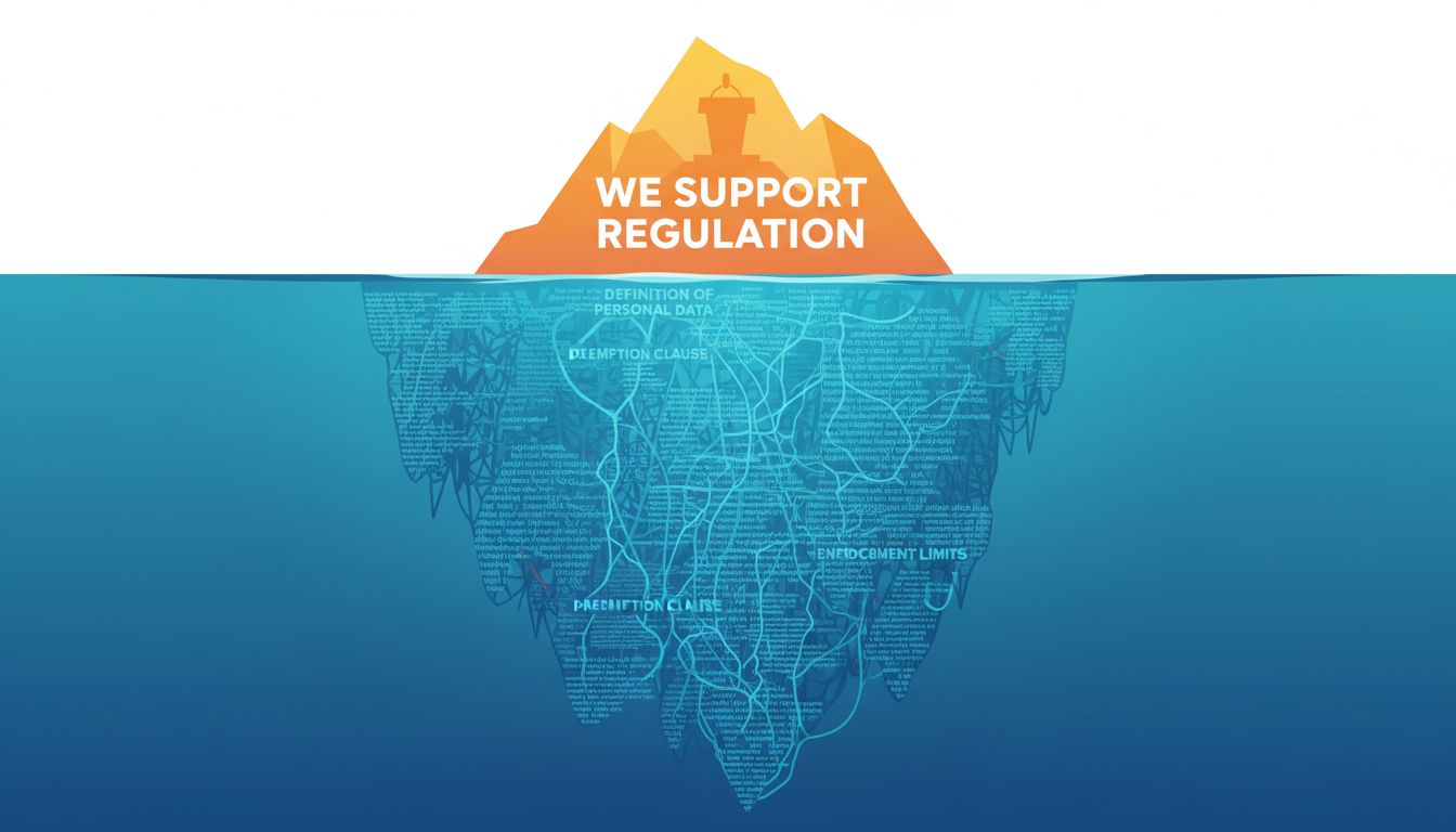 Iceberg diagram showing public regulatory support above the waterline and lobbying fine print below