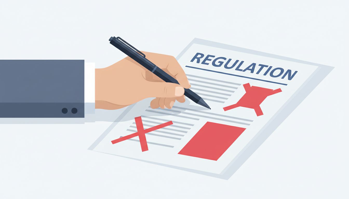 Illustration of a regulation document being signed while a redacted version hides beneath it