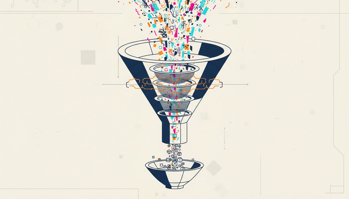 Abstract diagram of beta software as a data collection funnel, with chaotic inputs becoming structured outputs