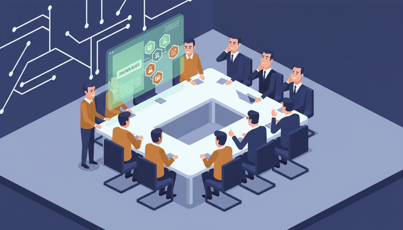 Illustration of tech executives approving a software roadmap that includes deliberate known bugs