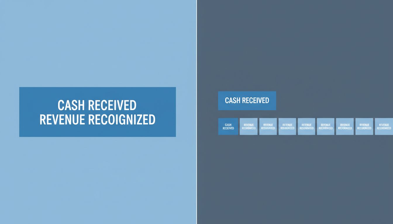 Diagram comparing upfront revenue recognition versus deferred subscription revenue spread across twelve months