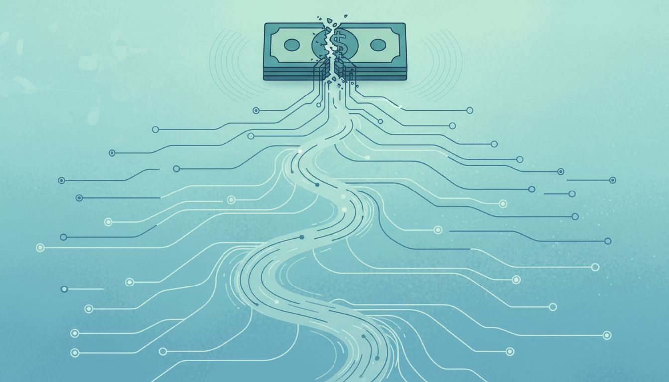 Abstract illustration of a single cash flow splitting into multiple smaller revenue streams across a timeline
