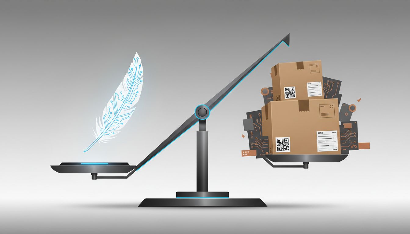 A scale showing the near-zero cost of a software update versus the heavy logistical cost of a trade-in program