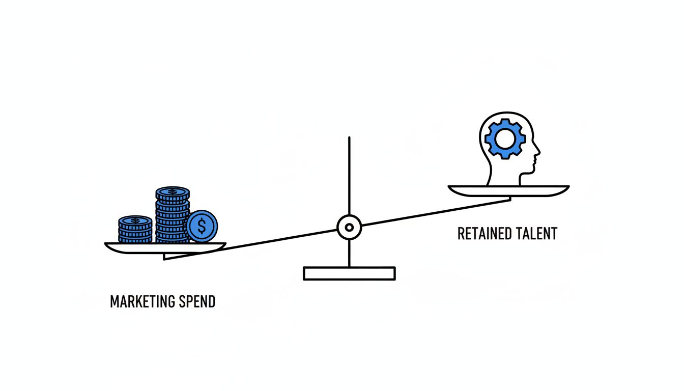 Balance scale diagram comparing marketing spend against the weight of retained engineering talent