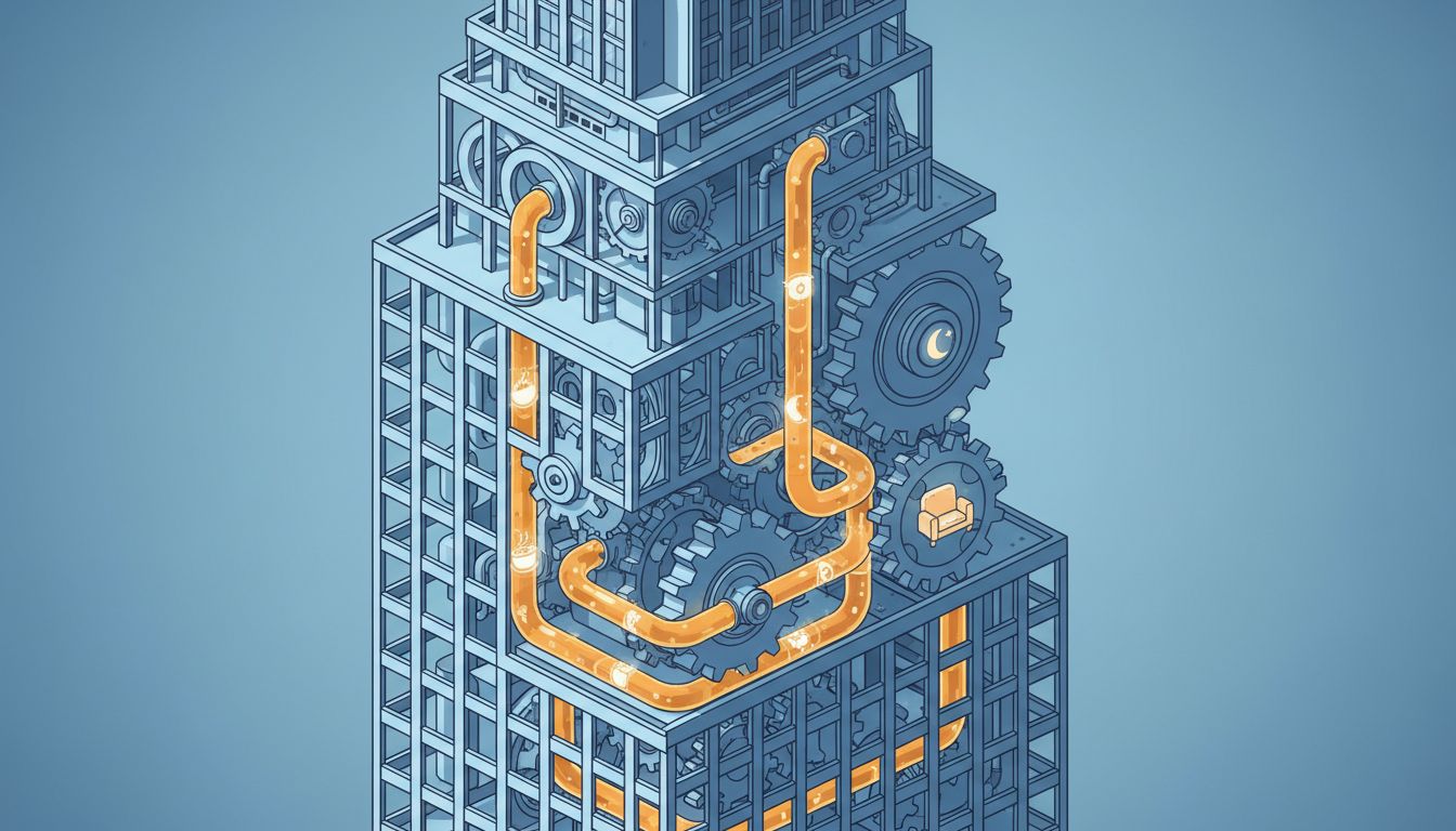 Cross-section illustration of a corporate building where perks and amenities function as the fuel driving a mechanical system