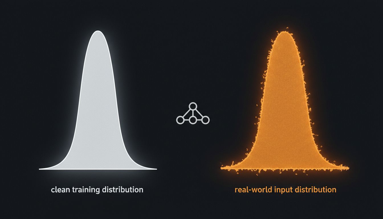 Diagram comparing a narrow clean training distribution against a wide irregular real-world input distribution, highlighting the mismatch