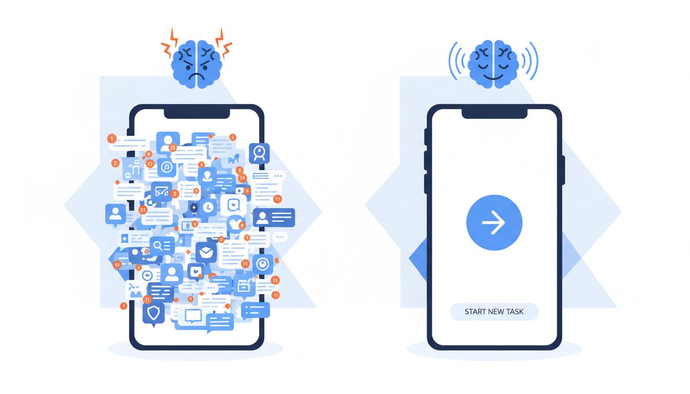 Side-by-side comparison of a cluttered app interface versus a clean minimal interface illustrating cognitive load differences