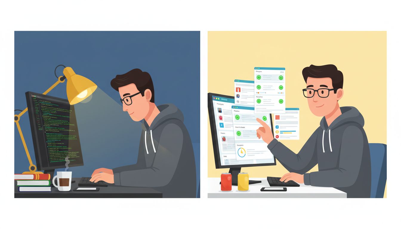 Split screen showing real focused work versus performing productivity for an activity dashboard