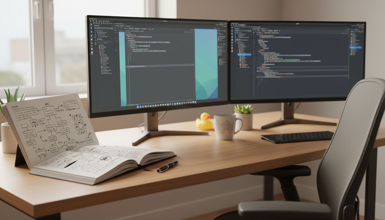 An organized developer workspace with notifications muted and a paper notebook alongside monitors showing focused work
