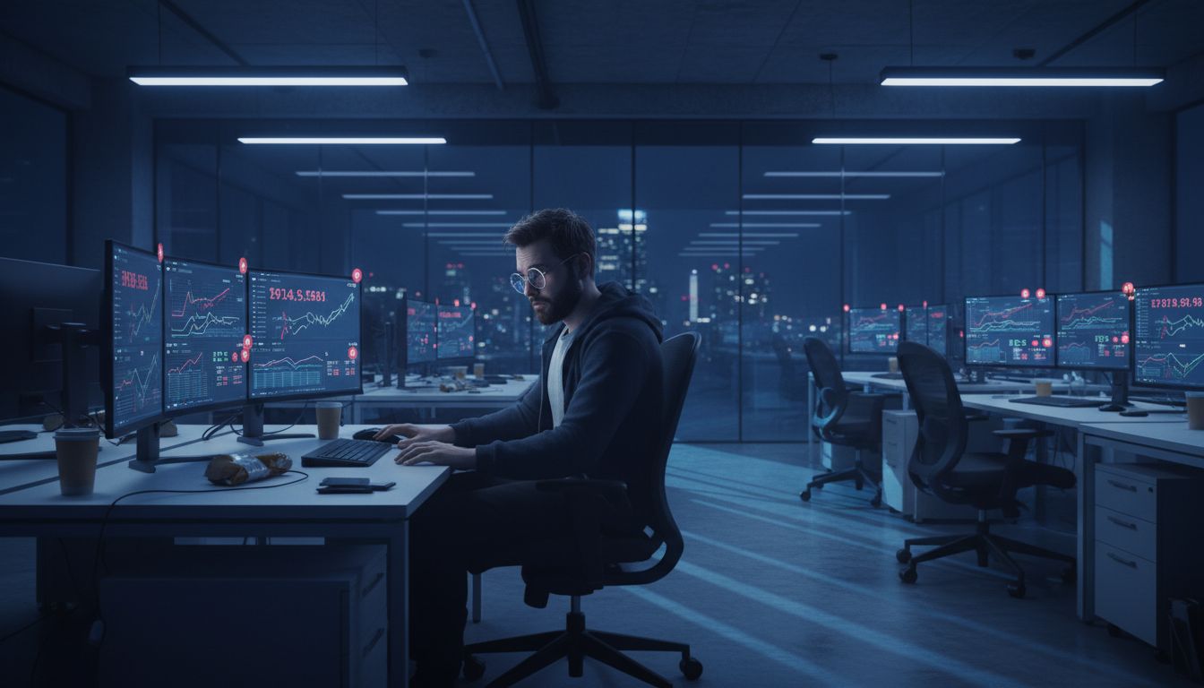 A developer working late surrounded by productivity dashboards with streak counters and notification badges glowing in the dark office