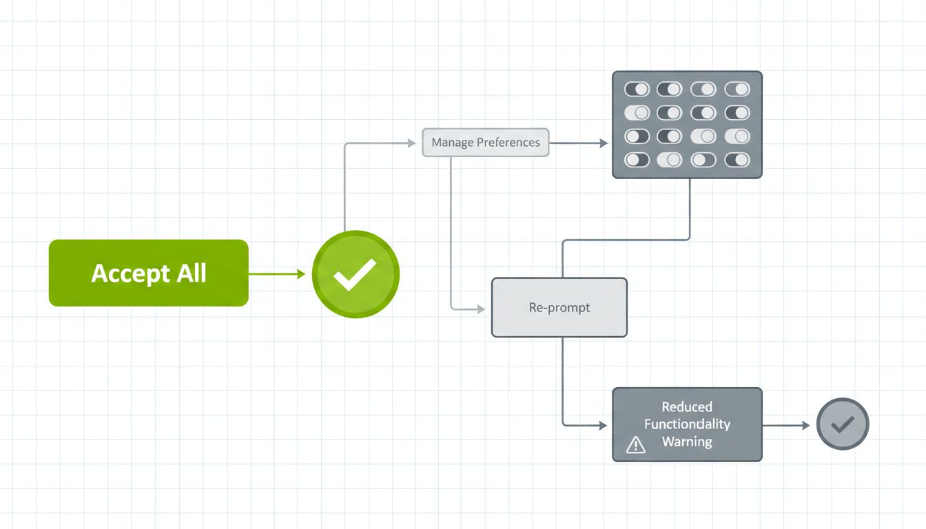 Flowchart comparing the one-step Accept All path versus the multi-step Decline path in a typical privacy consent interface