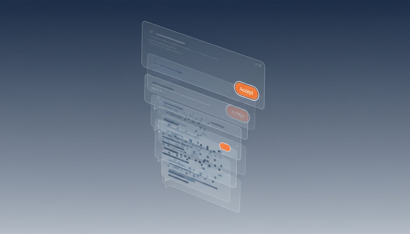 Stacked translucent consent dialog boxes with a prominent Accept button on top, illustrating layered complexity in privacy consent flows