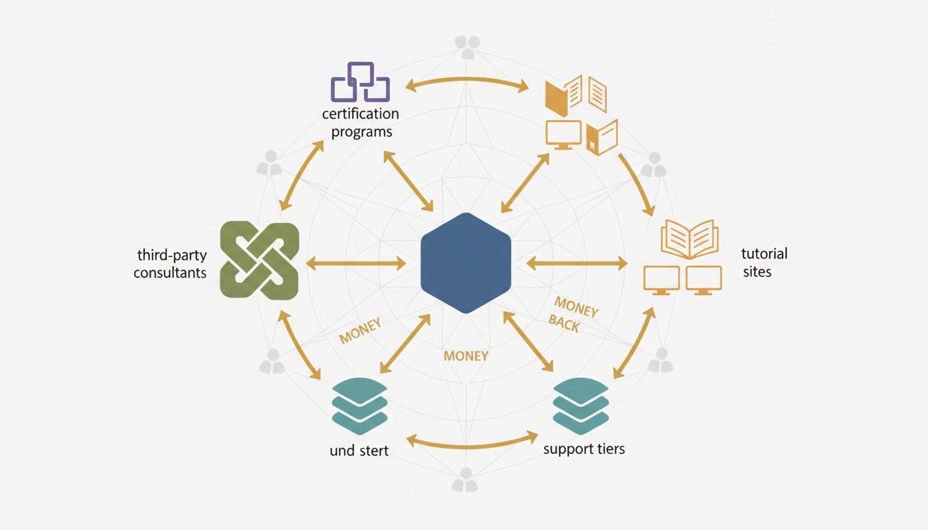 Diagram showing how confusing documentation creates a profitable ecosystem of third-party consultants and certification programs around a central platform