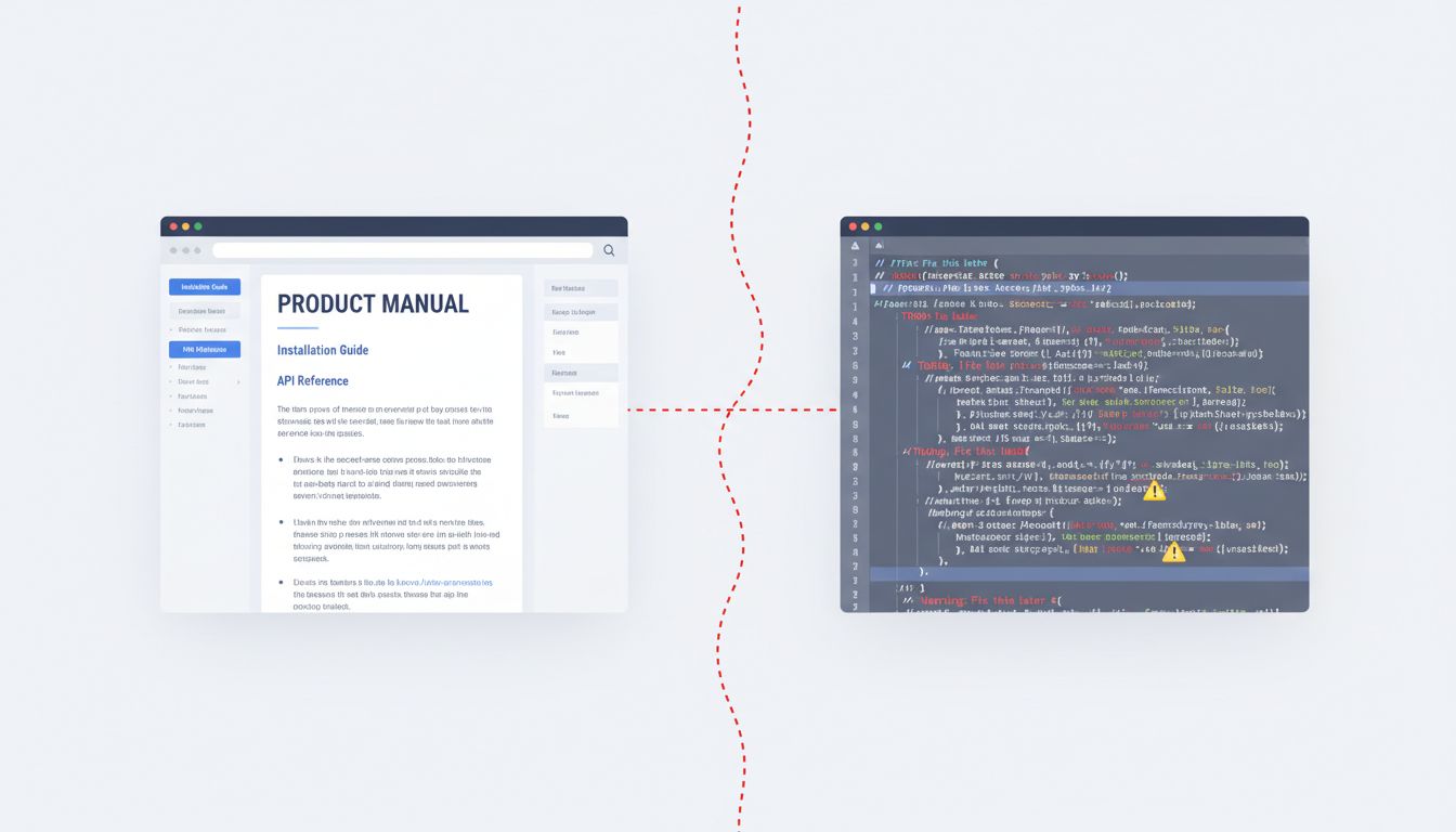 Split screen illustration comparing polished official documentation with the messy reality of source code