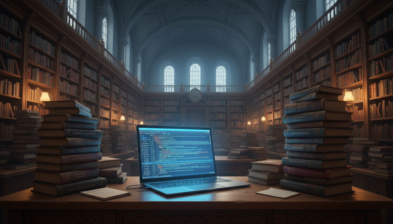 Dusty technical documentation books alongside a modern laptop showing live code