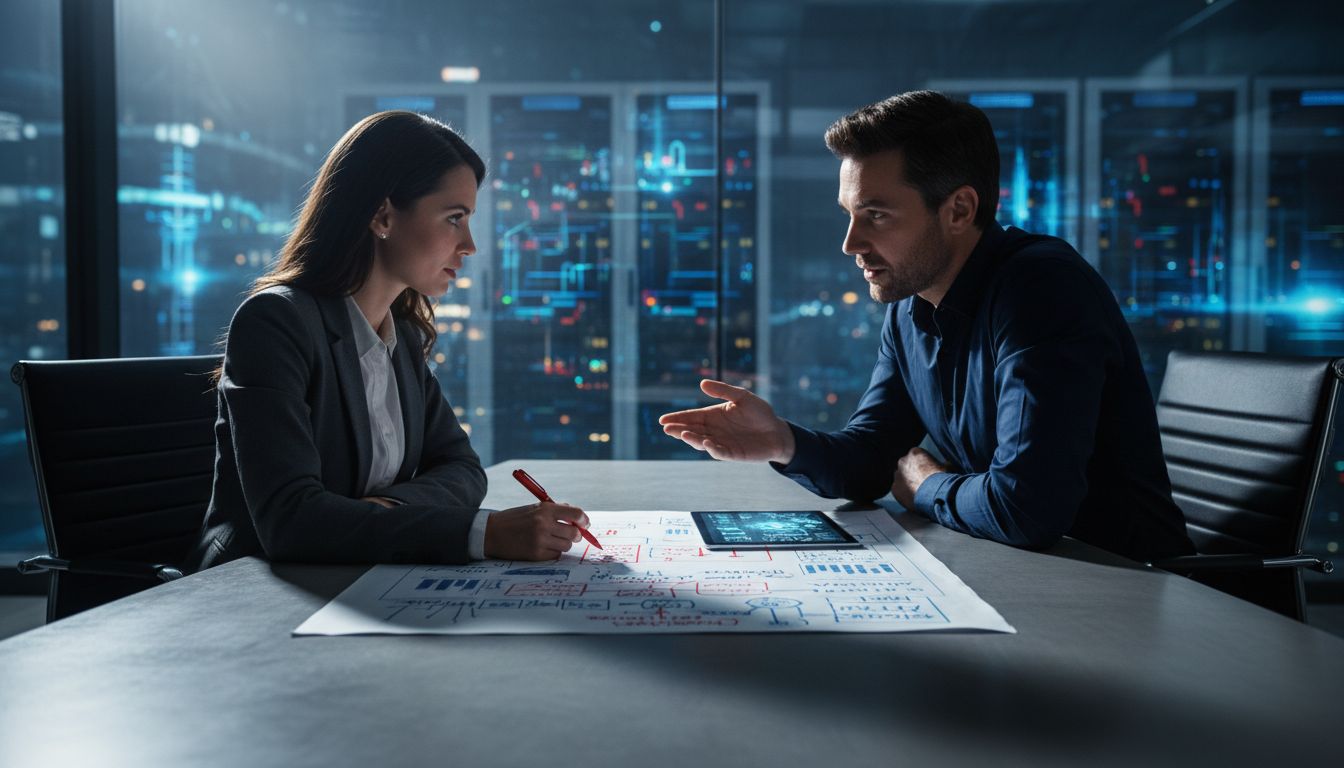 Two professionals reviewing a document with critical red pen annotations